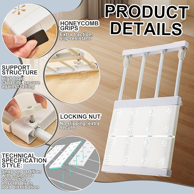 Gerrii 4 Pcs Closet Tension Shelf Rod Expandable Shelf Locker Organizer Adjustable Storage Rack Scalable Layered Divider Separator for Cabinet Wardrobe Kitchen Bathroom (14.96''-23.62'')