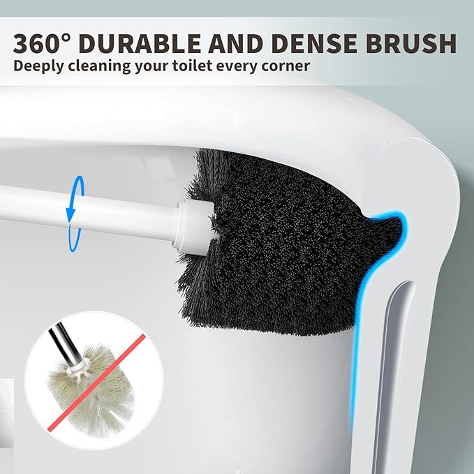 Toilet Brush and Holder 2 Pack, Toilet Bowl Brush with Extra Long Handle, Toilet Scrubber and Covered Holder, Toilet Brushes for Bathroom-Space Saving, Covered Brush, Durable, Deep Cleaning(White)