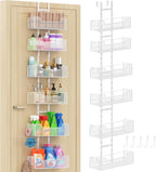 Hongtamoya Over The Door Organizer, Metal Hanging Door Organizer with 6 Adjustable Baskets and 5 Hooks, Behind The Door Storage for Closet Pantry Cabinet Kitchen Bathroom Bedroom, White