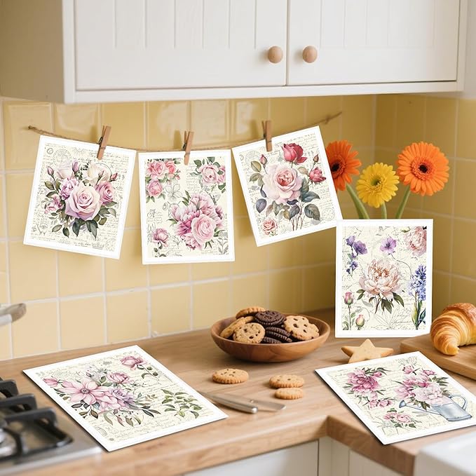 Vintage Pink Rose Swedish Dishcloths for Kitchen, 6PCS Floral Swedish Cloths for Washing Dishes, Reusable Retro Rose Washable Kitchen Towels, Washable Sponge Cloths for Home Party Cleaning