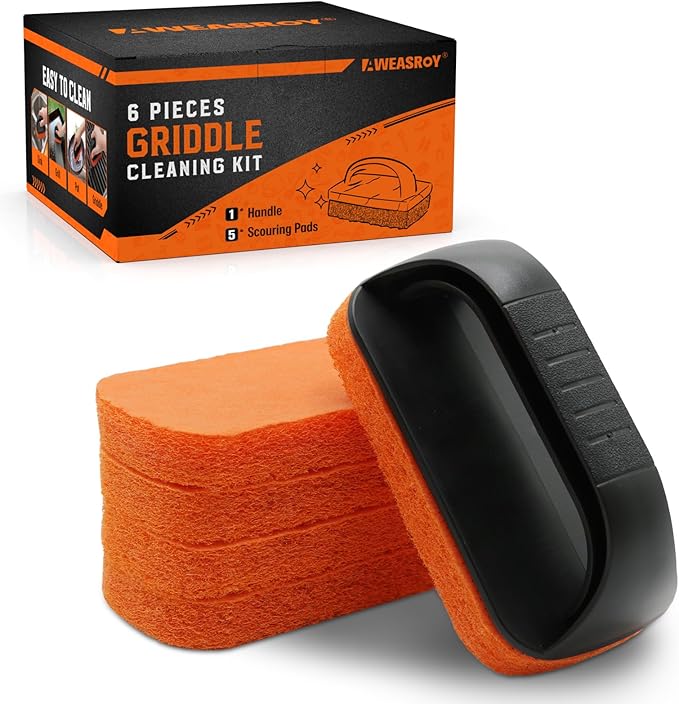 6-Piece Griddle Cleaning Kit for Blackstone, Flat Top Grill Cleaning Kit Non-Scratch Scouring Pads for Kitchen - 5 Scrubber Pads and 1 Handle