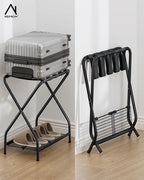 1-Piece Foldable Black Luggage Rack Stand with Storage Shelf – Heavy Duty Metal Suitcase Holder, 150 lbs Top, 50 lbs Bottom, Fits 20”-28” Luggage – Guest Room, Bedroom, Hotel LR-BK-1