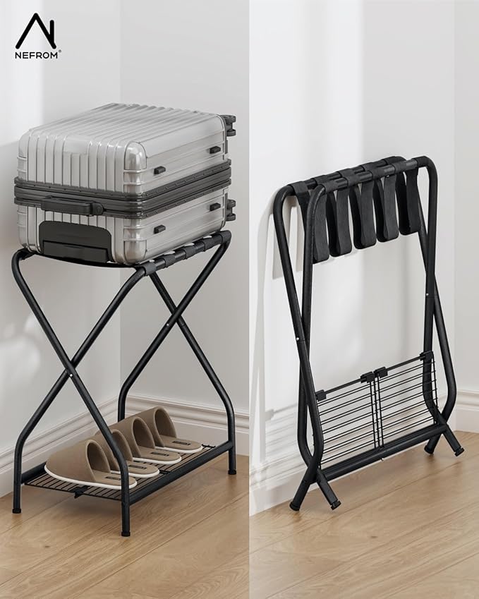 1-Piece Foldable Black Luggage Rack Stand with Storage Shelf – Heavy Duty Metal Suitcase Holder, 150 lbs Top, 50 lbs Bottom, Fits 20”-28” Luggage – Guest Room, Bedroom, Hotel LR-BK-1