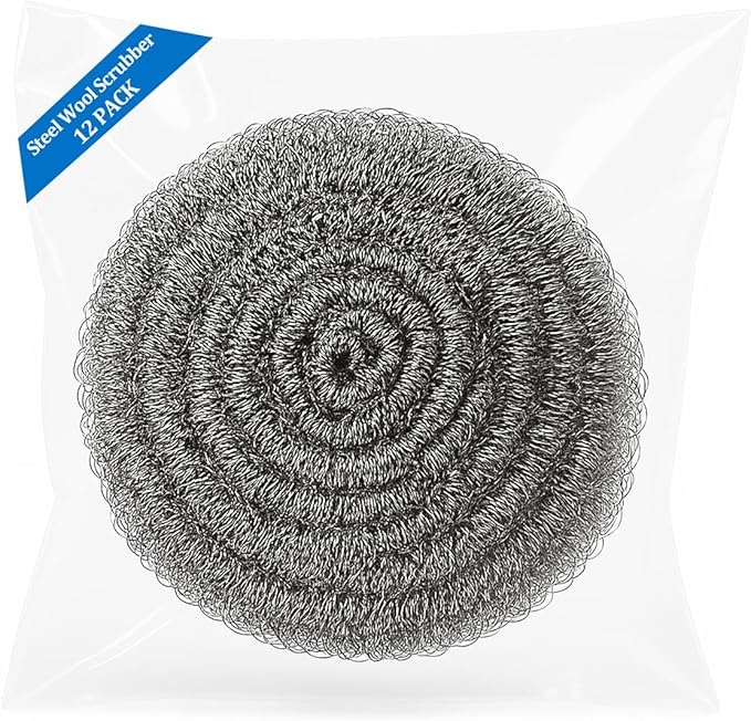 Steel Wool Scrubber Heavy-Duty Stainless Steel Scrubber Pads for Pots, Pans, Grills, and Stovetops 1.06oz, Ideal for Home and Commercial Use (12-Pack)
