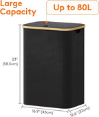 Lifewit 80L Laundry Basket with Lid, Clothes Hampers for Laundry with Bamboo Handles and 1 Removable Bag, Large Foldable Laundry Hamper for Bedroom, Bathroom, Dorm, Laundry Room, Black
