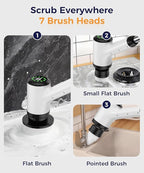 Electric Spin Scrubber, Cordless Cleaning Brush, Bathroom Shower Scrubber with 7 Replaceable Brush Heads, 2 Adjustable Speeds, Extension Handle, IPX7 Waterproof for Tub Tile Floor Car, White-o2.