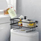 PowerKing Over The Toilet Storage Shelf, Bathroom Organizer Rack with 2 Hooks, No-Drill, Rust-Resistant Steel, Toilet Paper Holder for Restroom Bathroom, Black