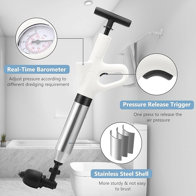 Air Plunger for Drain, High Pressure Air Drain Blaster with Visual Barometer Stainless Steel Toilet Clog Remover Toilet Unclogger Plungers for Bathroom, Toilets, Sink, Kitchen, Clogged Pipe