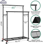 Ekisemio Double Rods Clothes Rack with Wheels Load 400 LBS, 45 Inch Rolling Clothing Rack for Hanging Clothes, Heavy Duty Garment Rack with Shelves, Metal Portable Closet, Black