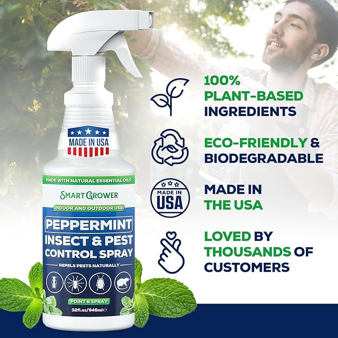 All Natural Peppermint Oil Insect & Pest Control Spray Repels Mice, Spiders, Ants, for Home, Indoor, Outdoor, Garden Maximum Strength Smart Grower Ready to Use 32 FL OZ