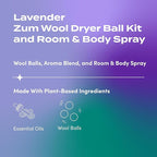 Zum Wool Dryer Balls Kit Plus Zum Mist - 3 Wool Balls with Essential Oil Blend & Room & Body Mist - Lavender