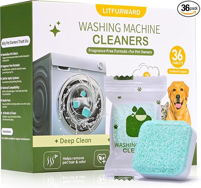 Washing Machine Cleaner Tablets – 36 Count for 18-Month Supply – Pet Hair & Odor Remover – Unscented, Septic Safe, Works with All Washers