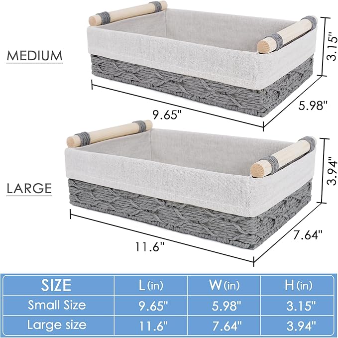 Wicker Storage Basket with Wooden Handle – Paper Rope Decorative Toilet Paper Baskets & Bathroom Organizer for Toilet Tank Top, Shelves, Bedroom, Countertop,Home,Office Storage Bins, 2 Pack,Grey