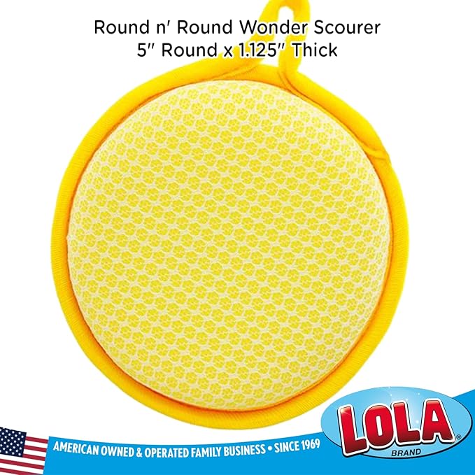 LOLA Round N' Round Wonder Non-Scratch Scouring Pad, 6 Pack, Metallic on One Side, Nylon Net Sponge On Other Side, Hang Hole, Assorted Colors