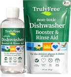 Truly Free Natural Dishwasher Booster & Rinse Aid - Non-Toxic Dishwashing Aid Formula, Removes Residue & Tough Dish Stains, Water Spot Remover - Includes: 1 Reusable Empty 12 oz Bottle & 1 Refill