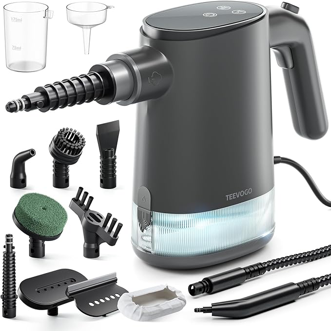 TEEVOGO Handheld Steam Cleaner for Home, Portable Steamer Cleaner with 12 Accessories, 15S Fast Heat Up, Steam Adjustable, Steamer for Cleaning Grout, Floor, Kitchen, Bathroom, Windows, Black
