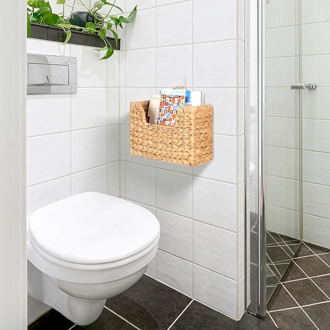 Handwoven Water Hyacinth Wall Magazine Holder - Natural Hanging Organizer for Mail, Newspapers & Magazines, Books & Files - Decorative Boho Storage Basket for Entryway, Bathroom, Living Room, Office.