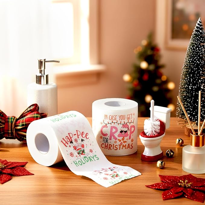 2 Rolls Christmas Toilet Paper Gifts Santa Claus Toilet Tissue with Packaging Bag and Bow Disposable Xmas Paper Towels Christmas Stocking Stuffers for Holiday Birthday Party Supply(Pink Crap)