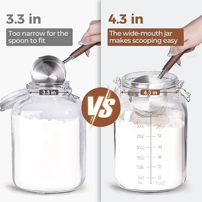 ComSaf 1 Gallon Square Glass Jars with Airtight Lids (135oz, Set of 2), Extra-Wide Mouth Canisters with Measurement Marks for Bulk Flour Storage, Fermenting Kombucha & Pickling