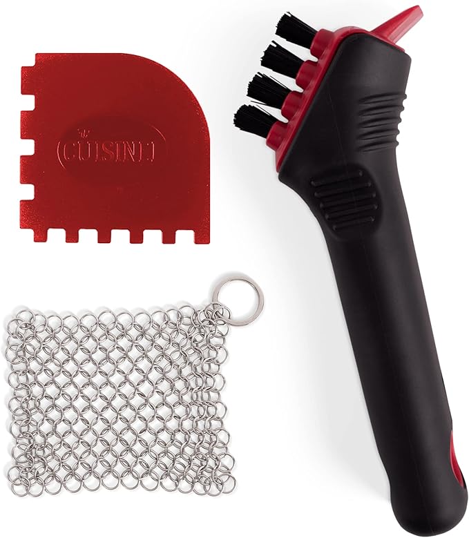 Cuisinel Cast Iron Scrubber Cleaning Brush + Stainless Steel Chainmail + Pan Scraper - Skillet, Grill Cleaner Kit - Soft-Touch Easy-Grip Dish Scrub Tool - Bristles Tough on Grease - Gentle on Cookware