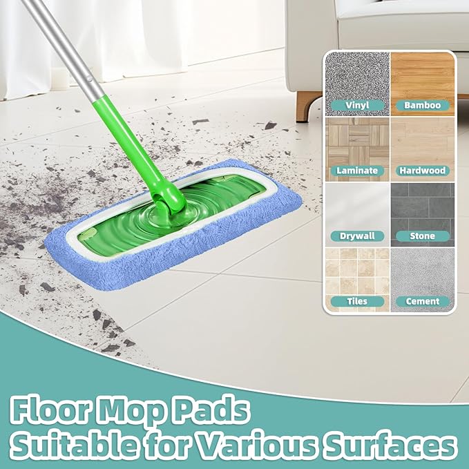 Reusable Mop Pads Compatible with Swiffer Sweeper Mop, Microfiber Dry Sweeping Cloths & Machine Washable Wet Pads Refill for Use on All Sealed Floors - Stone, Hardwood, Laminate & Tile (10 Blue)