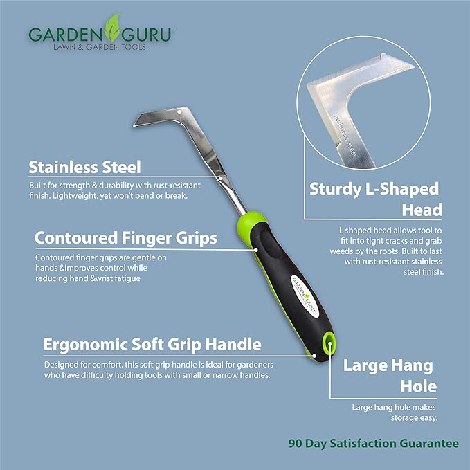 Garden Guru Patio Crack Weeder Tool with Ergonomic Handle – Stainless Steel Weed Puller for Patio Sidewalk Driveway Cracks | Rust Resistant (2 Pack)