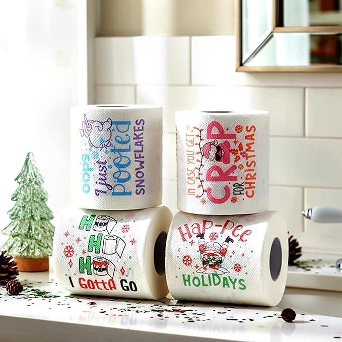 4 Rolls Merry Christmas Toilet Paper Santa Toilet Tissue Disposable Xmas Paper Towels Christmas Stocking Stuffers for Xmas Holiday Birthday Party Supply(Cute)