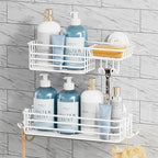TAILI Shower Caddy Suction Cup 2 Pack with Hooks & Soap Holder, Heavy Duty Shower Organizer for Bathroom, No Drilling Bathroom Organizer with Large Capacity, Metal Storage Holder-White