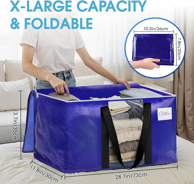 BlissTotes 8 Pack Moving Bags with Clear Window, Storage Bags with Strong Carrying Handles & Zippers,Large Packing Bags for Saving Space, Alternative to Moving Boxes(Blue,20 Gallon)