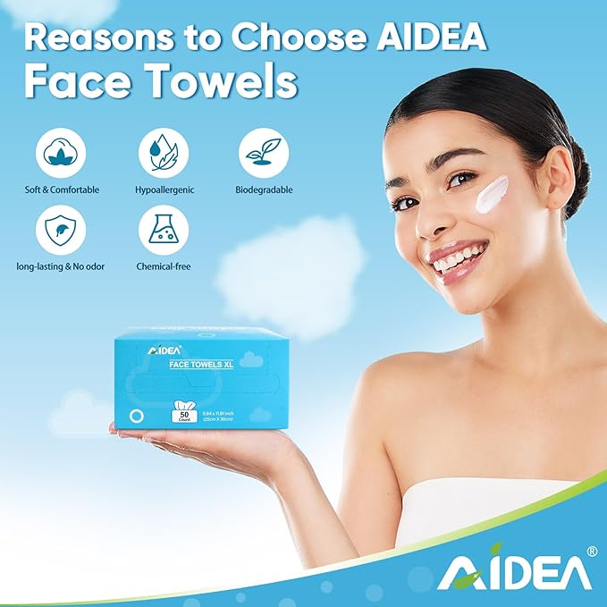 AIDEA XL Face Towels Disposable-100Ct (2 Box), Clean Facial Cloths, Facial Cleansing Wipes for Sensitive Skin, Face Towelettes for Makeup Removing, Nursing, Travel, Dry Wipes 9.84"×11.81"