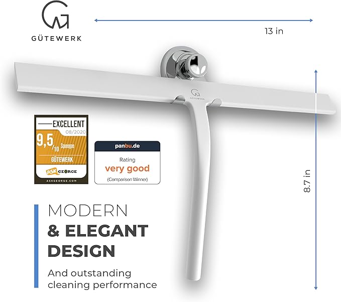 GÜTEWERK Shower Squeegee for Glass Doors, Silicone Window Squeegee, Bathroom and Glass Cleaning - White - 13 Inch