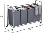 Laundry Basket, 4-Bag Laundry Hamper, Grey Laundry Sorter with Heavy Duty Lockable Rolling Wheels, Laundry Room Organization with Removable Bags Basket Separator for Dirty Clothes Storage