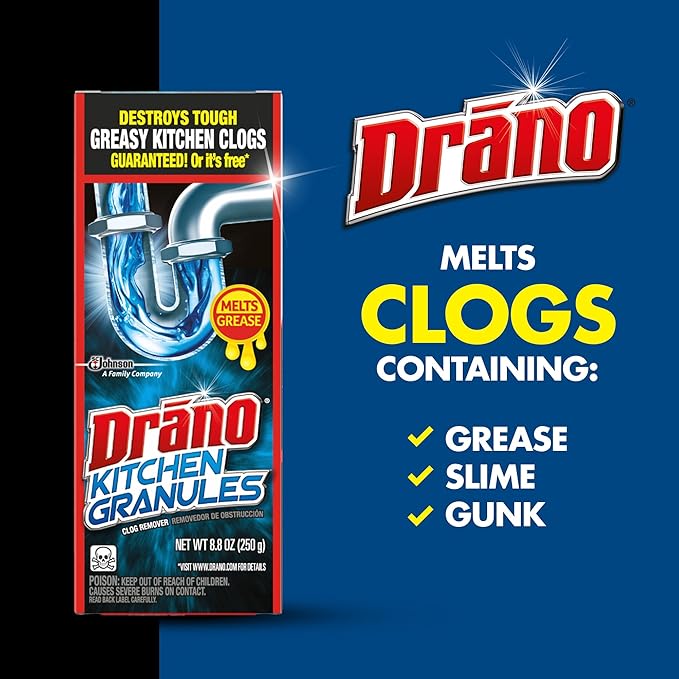 Drano Kitchen Granules Drain Clog Remover and Cleaner, Unclogs blockage from Grease or Cooking Oil, 8.8 oz