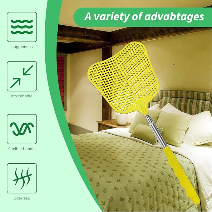 MYSTICHOME Fly Swatter 1 PCS, Durable Heavy Duty Plastic Fly Swatters, Stainless Steel Telescopic FlySwatter for Indoors/Outdoor/Kitchen/Garden (Yellow)