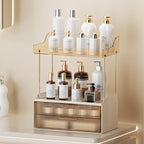 Shuang Qing 2-Tier 2-Drawer Bathroom Countertop Organizer - Multi-Purpose Makeup Storage Rack for Vanity, Cosmetic Counter Organizer (Gold)