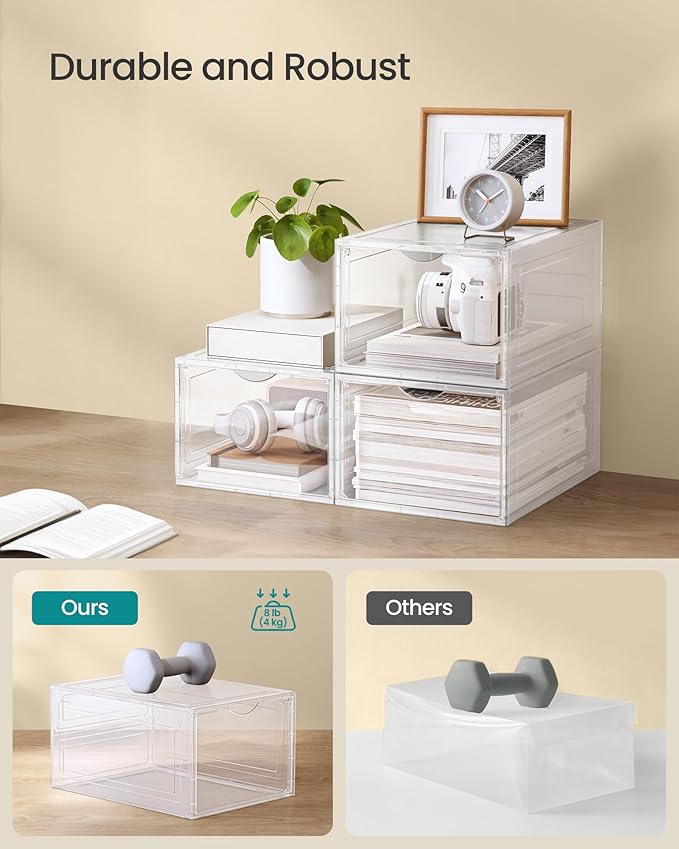 SONGMICS Shoe Boxes, Set of 12, Clear Plastic Shoe Storage, Stackable Sneaker Box, Drop Front Door, Up to US Size 11, Easy Assembly, 13 x 9.8 x 7.1 Inches, Transparent White ULSP032W12