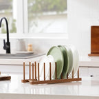 HBlife 4pcs Acacia Wooden Dish Dying Rack Pot Lid Plate Organizer Holder for Cabinet, Cutting Board Stand Drainer Storage Plate Rack for Dish, Pot Lid, Bowl, Cup, Cutting Board and Books