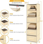 Hanging Closet Organizer 6-Shelf with 3 Drawers & Side Pockets, Closet Organizers and Storage for Dorm, Nursery & Wardrobe Organization, Hanging Shelf Clothes Organizer for Sweaters, Shoes, Beige