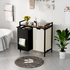 Huhote Double Compartment Laundry Basket, Laundry Sorter with Top Shelf, 2 Removable Washable Bags, Side Pockets, Black & White
