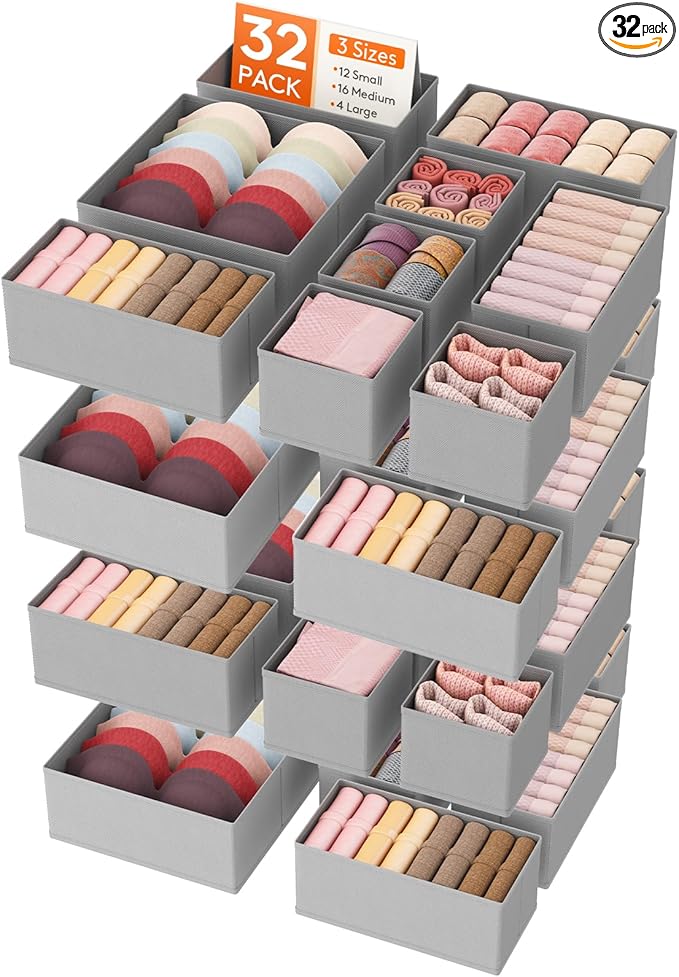 Lifewit Drawer Organizer Clothes for Closet 32 Pack, 3 Sizes Underwear Wardrobe Drawer Dividers, Fabric Foldable Dresser Storage Organizer Bins for Sock/Bra/Lingerie/Undies, Light Gray