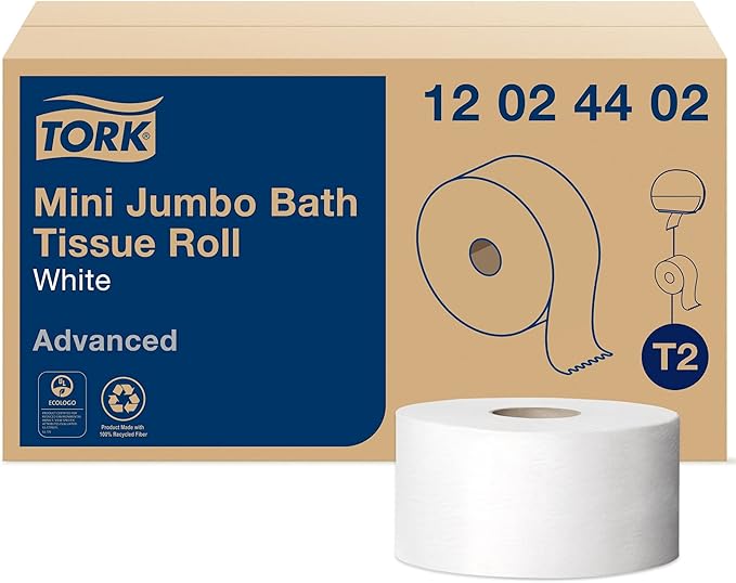 Tork Matic Soft Hand Towel Roll, White, Premium, H1, Quick-Absorbing, Long-Lasting, Thick 2-Ply, 6 Rolls x 575 ft, 290096 & Mini Jumbo Toilet Paper Roll White T2, Advanced, 2-Ply, 12 x 751', 12024402