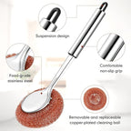 5 Pcs Copper Coated Scourers Copper Scrubbing Pads Scouring Pads 1 PC Steel Wool Scrubber Dish Brush Set with Handle Deep Cleaning Scrubber Silver for Kitchen Cleaning Dishes Pots Pans