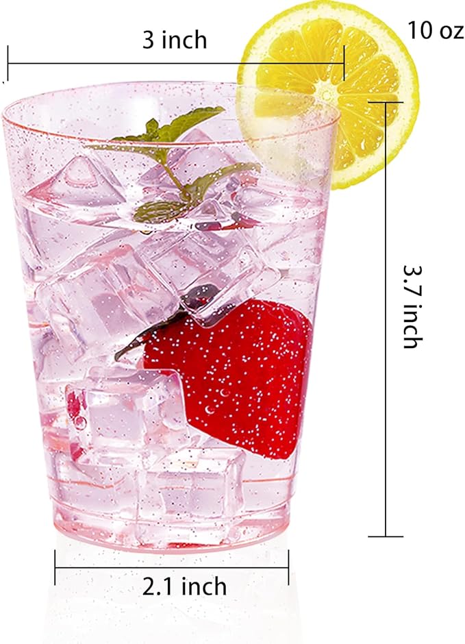 DaYammi 100 Pack 10oz Pink Plastic Cups, Premium Disposable Rose Gold Glitter Plastic Cups for Martini and Cocktail, Hard Clear Disposable Cup with Pink Glitter Perfect for Fancy Wedding Party
