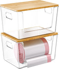 2 Set Pantry Organizer and Storage, Stackable Trash Bag Dispenser Clear Acrylic Kitchen Counter Pantry Baskets for Potato, Onion, Produce, Fruit, Vegetable, Snack, Trash Bag Holder with Bamboo Lid
