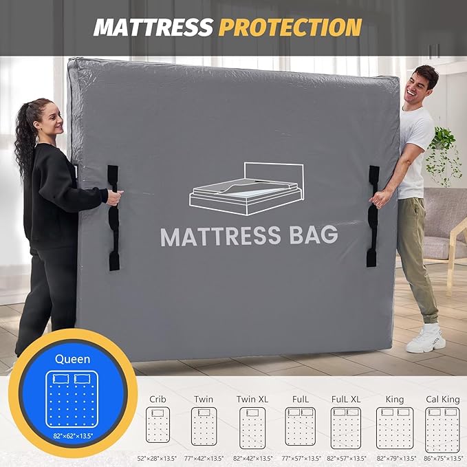 Mattress Bags for Moving and Storage, BETU Queen Mattress Protector Waterproof Mattress Cover with 8 Heavy Duty Handles and Zipper Extra Thick Moving Supplies for Bed (2 Pack:82x62x13.5 Grey)