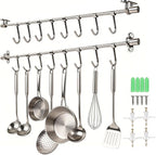 20" Kitchen Utensil Rack with Adjustable Holes - 8 Sliding Hooks 304 Stainless Steel, Pots and Pans Hanging Rack Wall Mounted 2 Packs