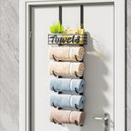 HapiRm Towel Racks for Bathroom Storage - 6 Tier Over The Door & Wall Mount Rolled Towel Storage Organizer Holder with Metal Shelf Basket for Small Bathroom, Camper, Rv - Black, Patented