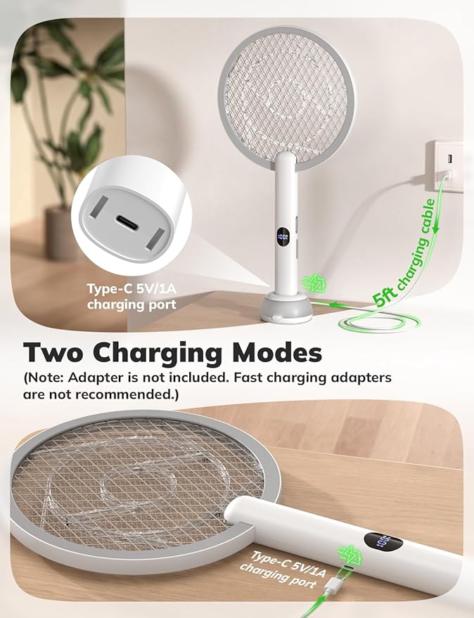 YISSVIC Electric Fly Swatter Bug Zapper Racket 4000V LED Screen Dual Modes Fly Zapper Rechargeable for Indoor Home Office Backyard Patio Camping