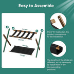 Smuxee Walnut Bamboo Luggage Rack for Guest Room, Foldable Suitcase Stand with Storage Shelf, Easily Assembled Luggage Stand with 5 Nylon Straps for Guest Room Bedroom Hotel