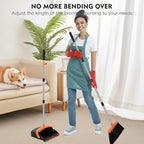 Broom and Dustpan Set, 55-in Long Adjustable Handle Broom with Dustpan Combo Set with Dustpans Teeth to Automatically Clean Hair Suitable for Home Kitchen Office Hall Lobby, Large(Black&Orange)